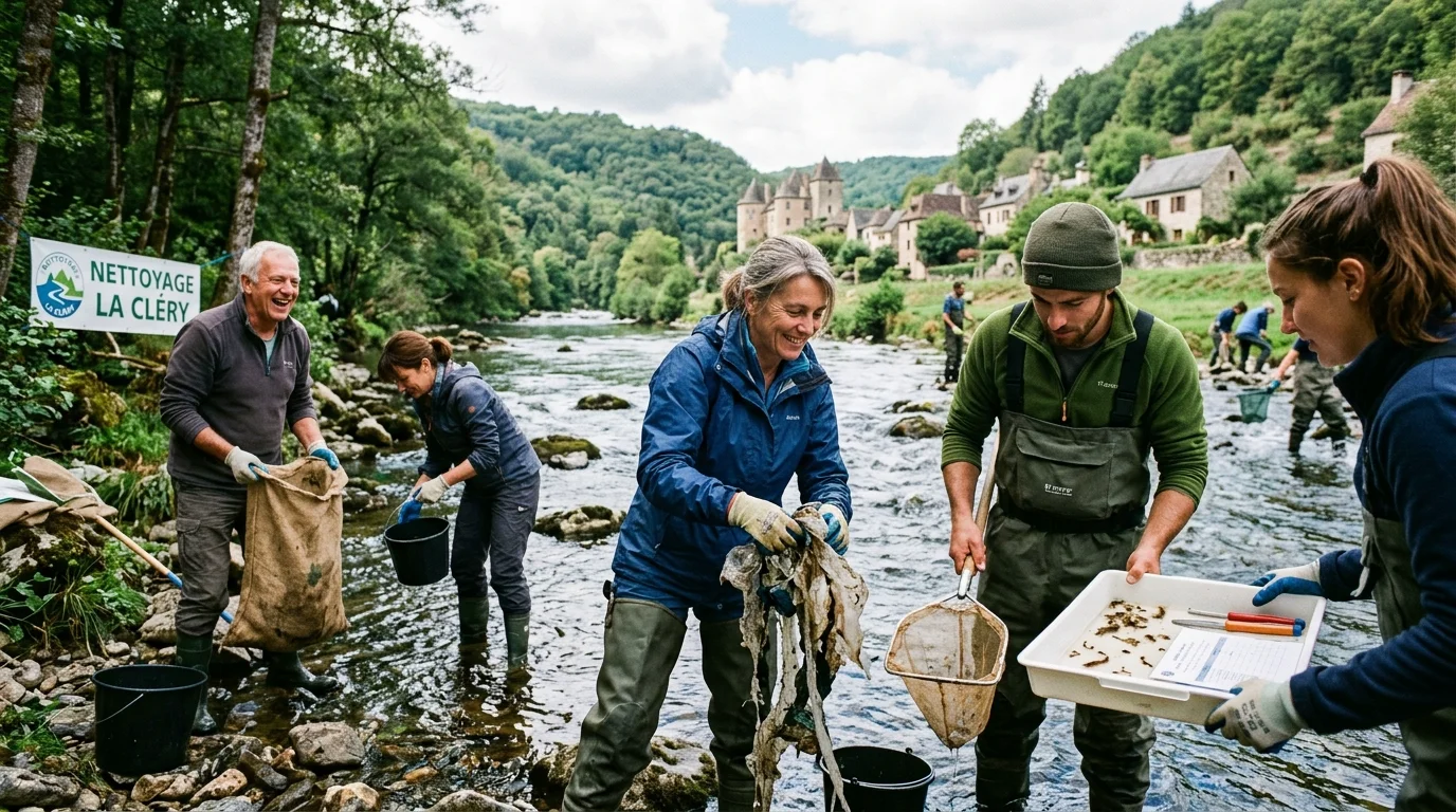 Bénévoles participant au nettoyage écologique des berges au confluent