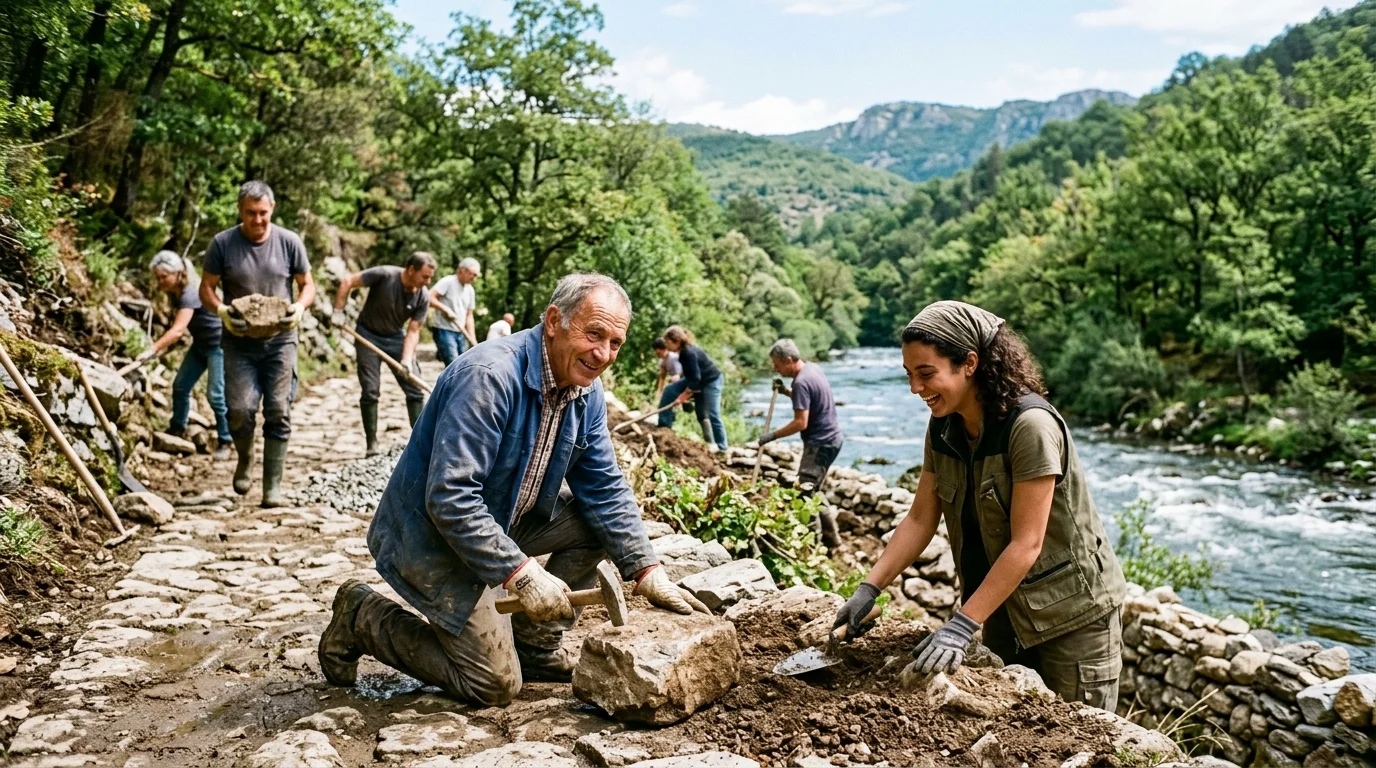 Équipe de l'association en action de terrain sur les berges de l'Orb