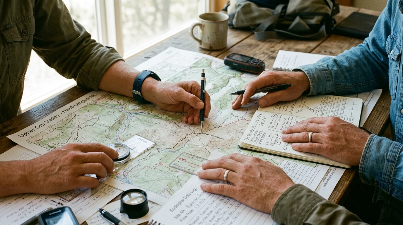 Membres de l'association analysant des cartes topographiques et fiches de terrain